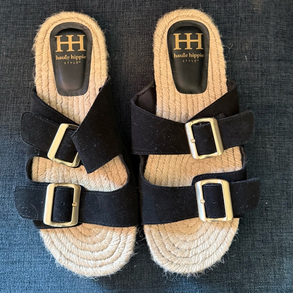 Haute Hippie Black and Gold Buckle Sandals